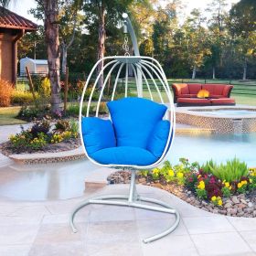 Indoor Outdoor Hanging Egg Swing Chair with Cushion and C Stand;  Egg Shaped Hanging Swing Chair;  Egg-Shaped Hammock Swing Chair Single Seat - Blue