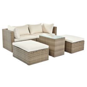 Backyard Pool Outdoor Furmiture 5-Piece Rattan Sectional Sofa Set - Beige - Rattan