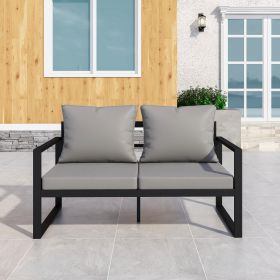Patio Furniture Metal Couch, 2-Seat All-Weather Outdoor Black Metal Sofa Chair with Grey Cushions - Black+ Gray