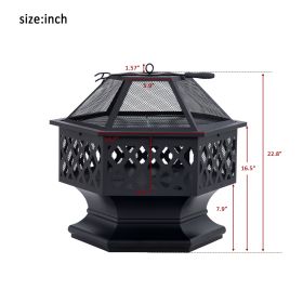 U-style Outdoor Steel Wood Burning Fire Pit with Spark Screen and Poker for Camping Patio Backyard Garden (Hexagonal Shaped) YF - MX199369AAA
