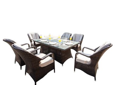 Turnbury Outdoor 7 Piece Patio Wicker Gas Fire Pit Set Rectangular Table With Arm Chairs by Direct Wicker - Brown