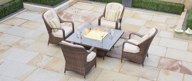 Turnbury Outdoor 5 Piece Patio Wicker Gas Fire Pit Set Square Table with Arm Chairs by Direct Wicker - 5 Pieces