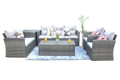 Direct Wicker Outdoor And Garden Patio Sofa Set 6PCS Reconfigurable Stylish And Modern Style With Seat Cushion - Light Brown