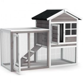 A Cozy And Comfortable 2-Story Wooden Rabbit Hutch With Running Area - Gray