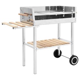 XXL Trolley Charcoal BBQ Grill Stainless Steel with 2 Shelves - Silver