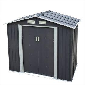 4.2' x 7' Outdoor Storage Shed, Backyard Tool House with Sliding Doors, Base, Vents, Metal Lawn Equipment - Deep Gray