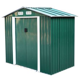 4.2' x 7' Outdoor Storage Shed, Backyard Tool House with Sliding Doors, Base, Vents, Metal Lawn Equipment - Green