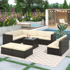 9 Piece Rattan Sectional Seating Group with Cushions and Ottoman, Patio Furniture Sets, Outdoor Wicker Sectional - Beige