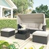 Outdoor Patio Rectangle Daybed with Retractable Canopy, Wicker Furniture Sectional Seating with Washable Cushions, Backyard, Porch - Beige