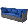 Outdoor Patio Rectangle Daybed with Retractable Canopy, Wicker Furniture Sectional Seating with Washable Cushions, Backyard, Porch - Blue