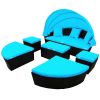 Backyard Outdoor Rattan Round Daybed Retractable Canopy Sunbed Sectional Sofa Sets - Blue - Wicker