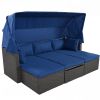 Outdoor Patio Rectangle Daybed with Retractable Canopy, Wicker Furniture Sectional Seating with Washable Cushions, Backyard, Porch - Blue
